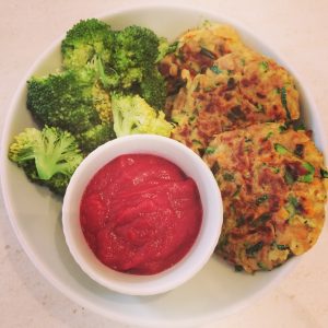 Tuna Fritters, Steamed Broccoli and Ketchup Style Sauce