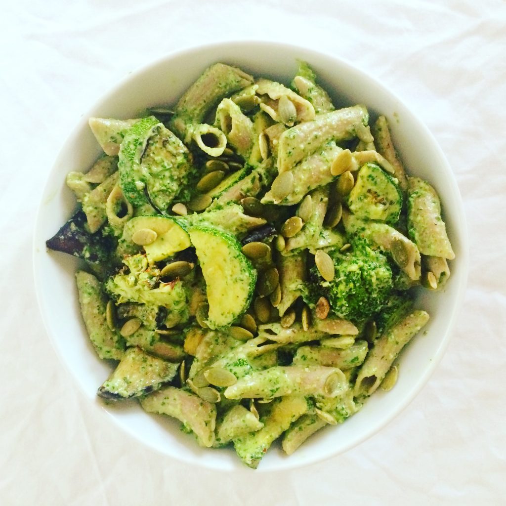 Pasta and Roasted Veg with Basil and Almond Pesto