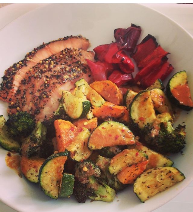 Roasted Veg with Salmon and Miso Dressing
