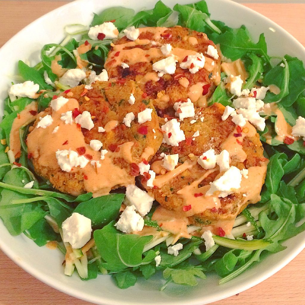 sweet potato and chickpea cakes with rocket and tahini dressing