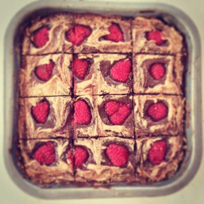 Gooey Chocolate Brownies with Raspberries and a Peanut Butter Swirl
