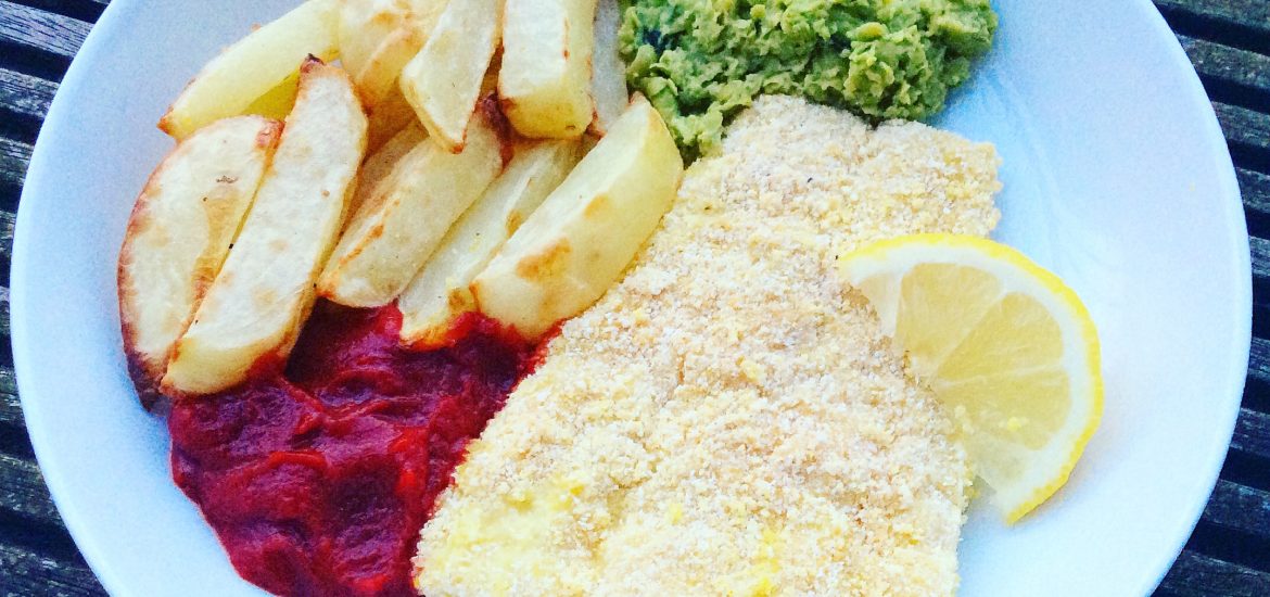 Cod and Chips with Minted Peas and Tomato Sauce