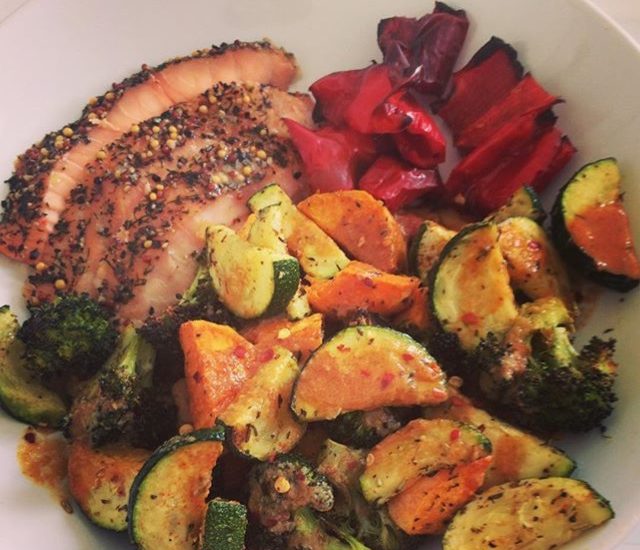 Roasted Veg with Salmon and Miso Dressing