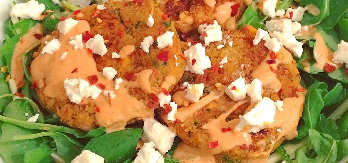 sweet potato and chickpea cakes with rocket and tahini dressing